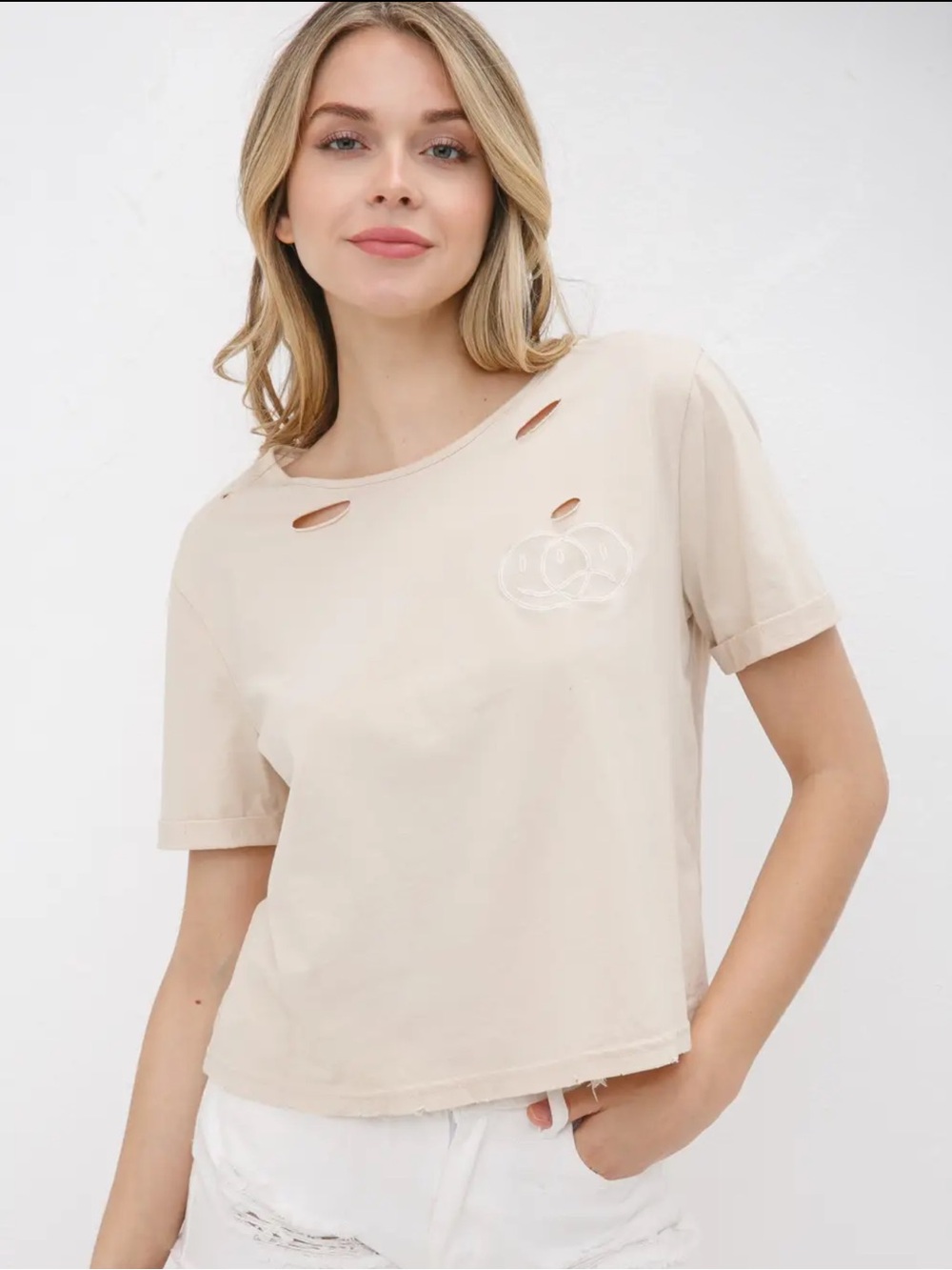 Beige Distressed Rose Graphic Tee - 1081-1084